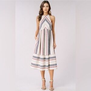 Listicle Nautical Breezy Midi Dress Cotton Lined Woven Beige Striped Boutique